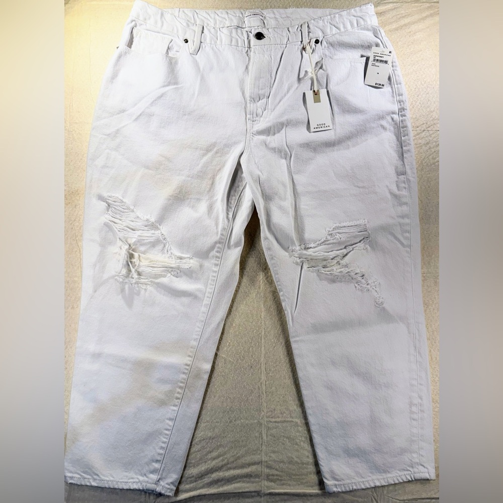 NWT Good American Good Girlfriend Distressed High Waisted Ankle White Jeans 18